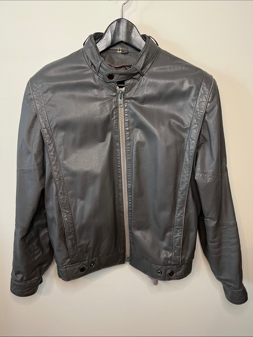 Men's Tibor Vintage 80s Gray Leather Rider Jacket - Classic Zip Front